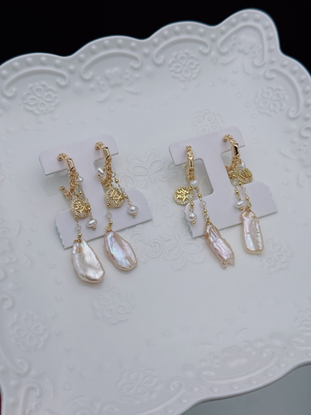 26E299 Handmade Freshwater Baroque Pearl Dangling Earrings Flower Petal Pearl - Picture 9 of 10